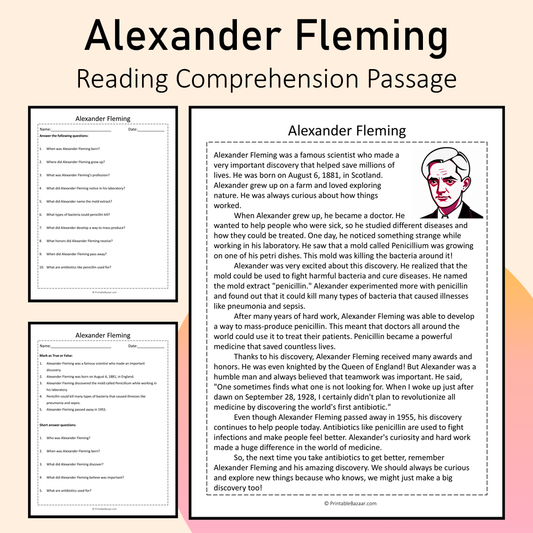 Alexander Fleming | Reading Comprehension Passage Printable Activity