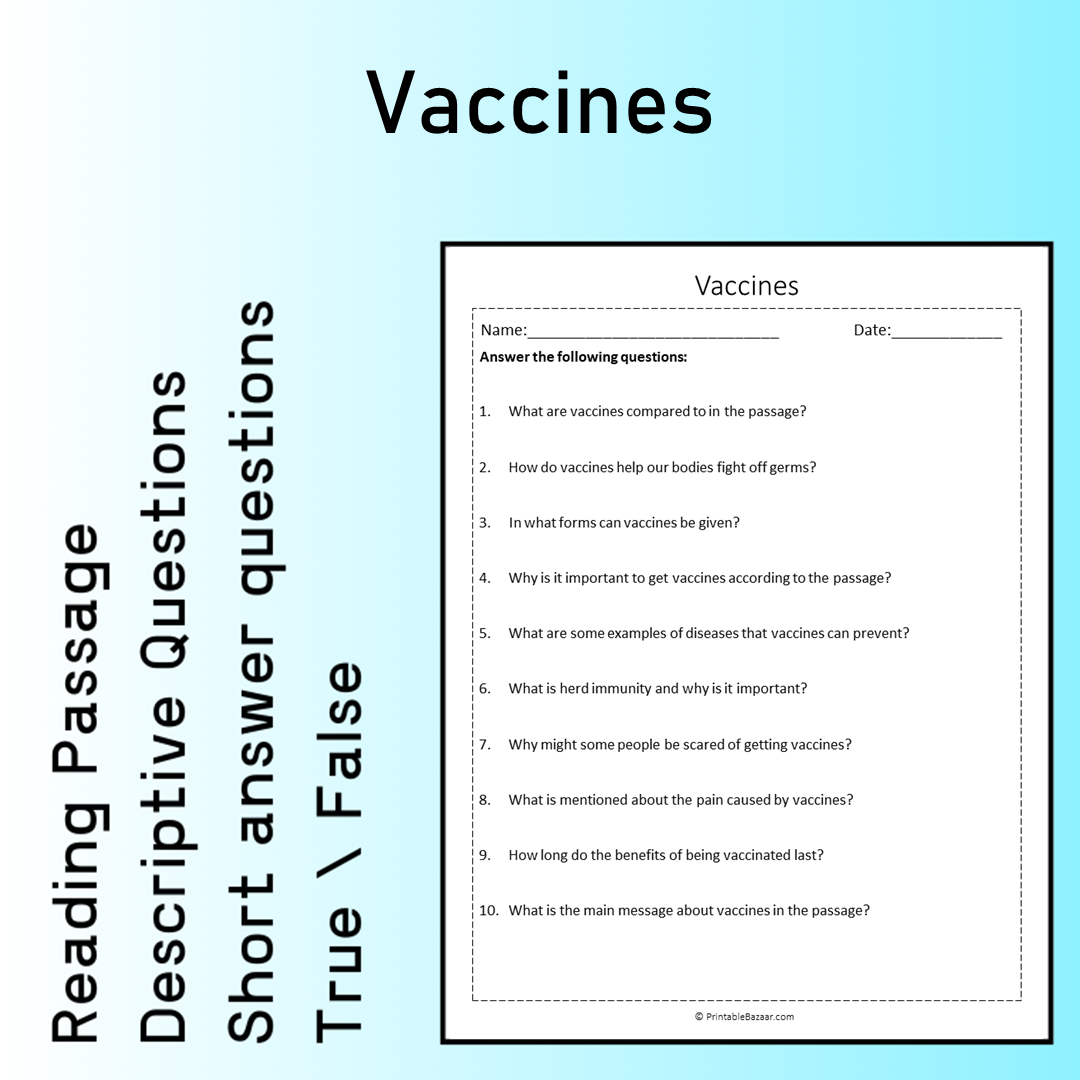 Vaccines | Reading Comprehension Passage Printable Worksheet