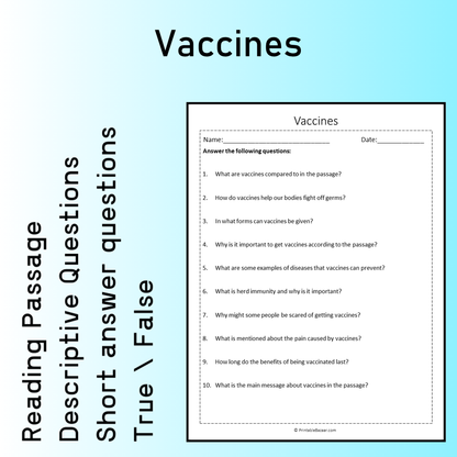 Vaccines | Reading Comprehension Passage Printable Worksheet