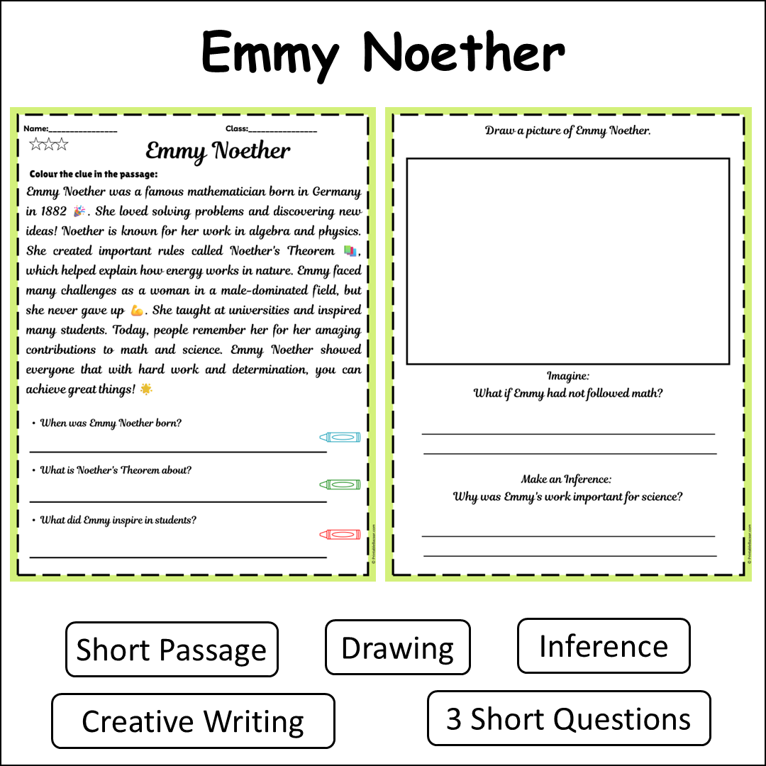 Emmy Noether | Short Reading Comprehension Creative Worksheet