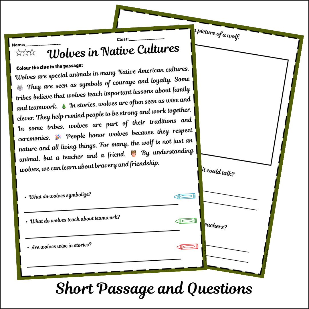 Wolves in Native Cultures | Short Reading Comprehension Creative Worksheet