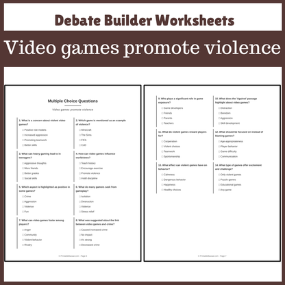 Video games promote violence | Favour and Against Worksheet Printable Activity