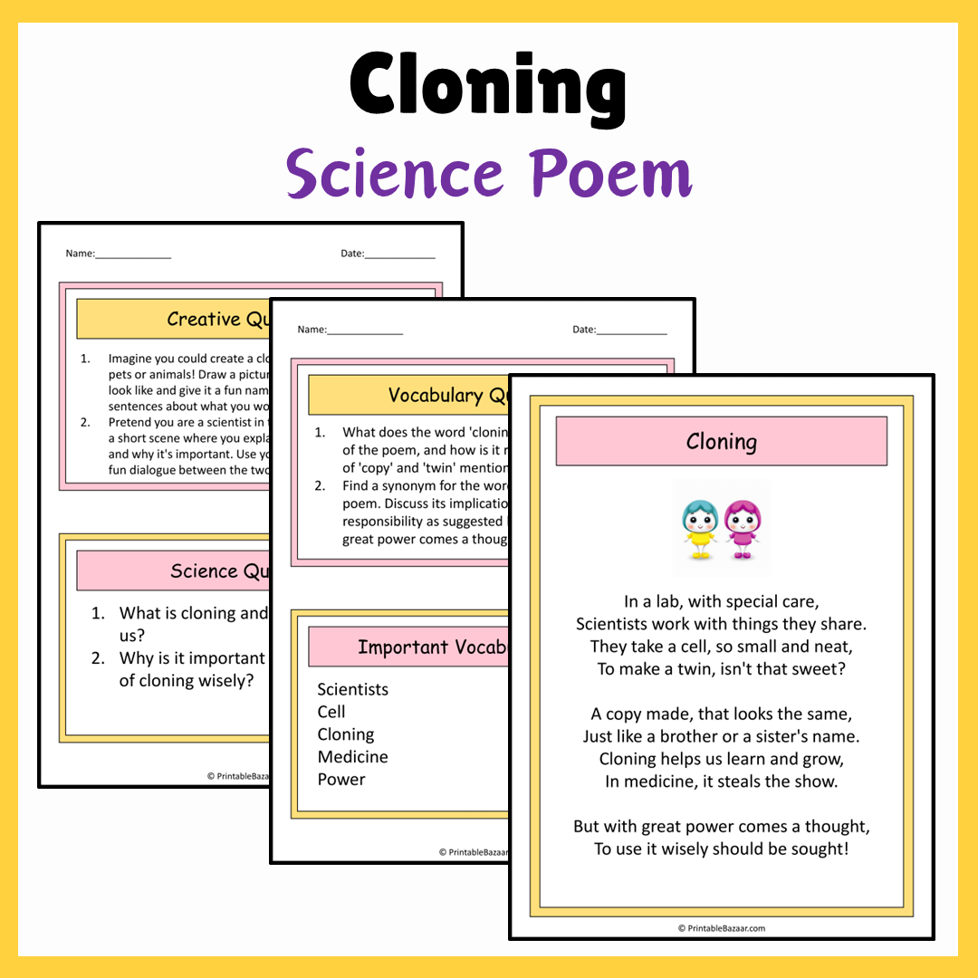 Cloning | Science Poem Reading Comprehension Activity