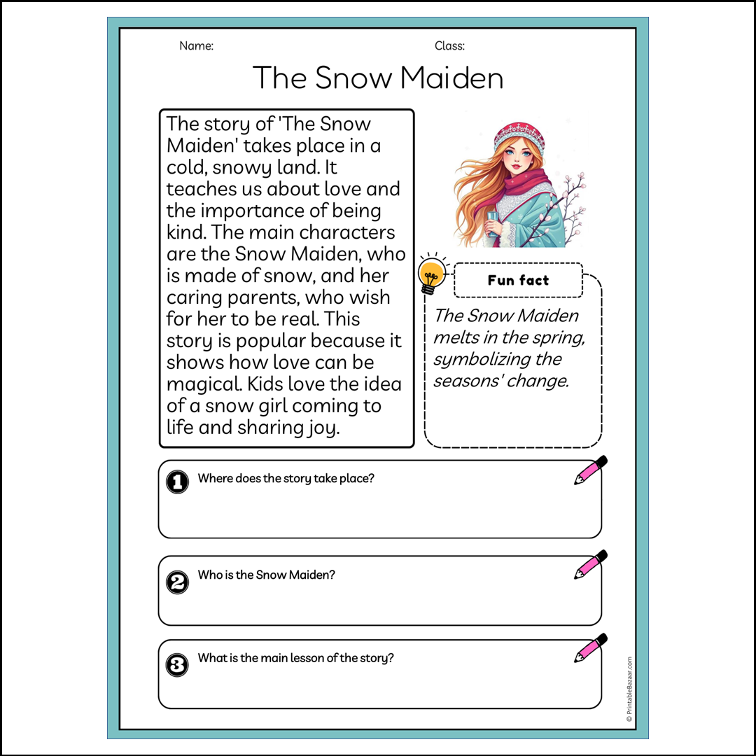 The Snow Maiden | Reading Passage Comprehension Questions Writing Facts Worksheet