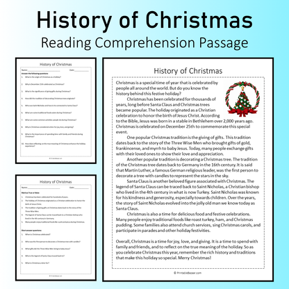 History of Christmas | Reading Comprehension Passage Printable Worksheet
