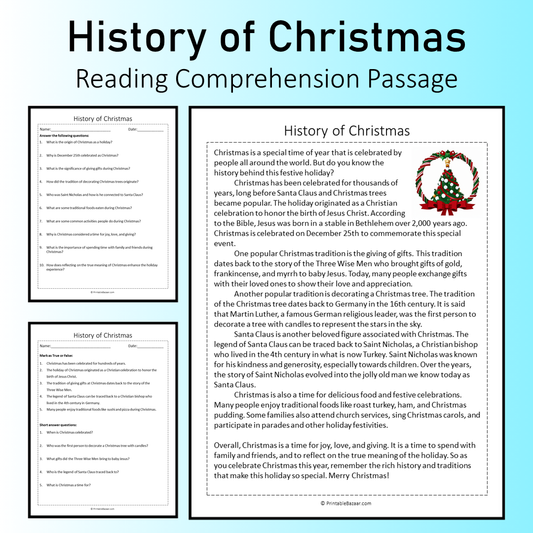 History of Christmas | Reading Comprehension Passage Printable Worksheet