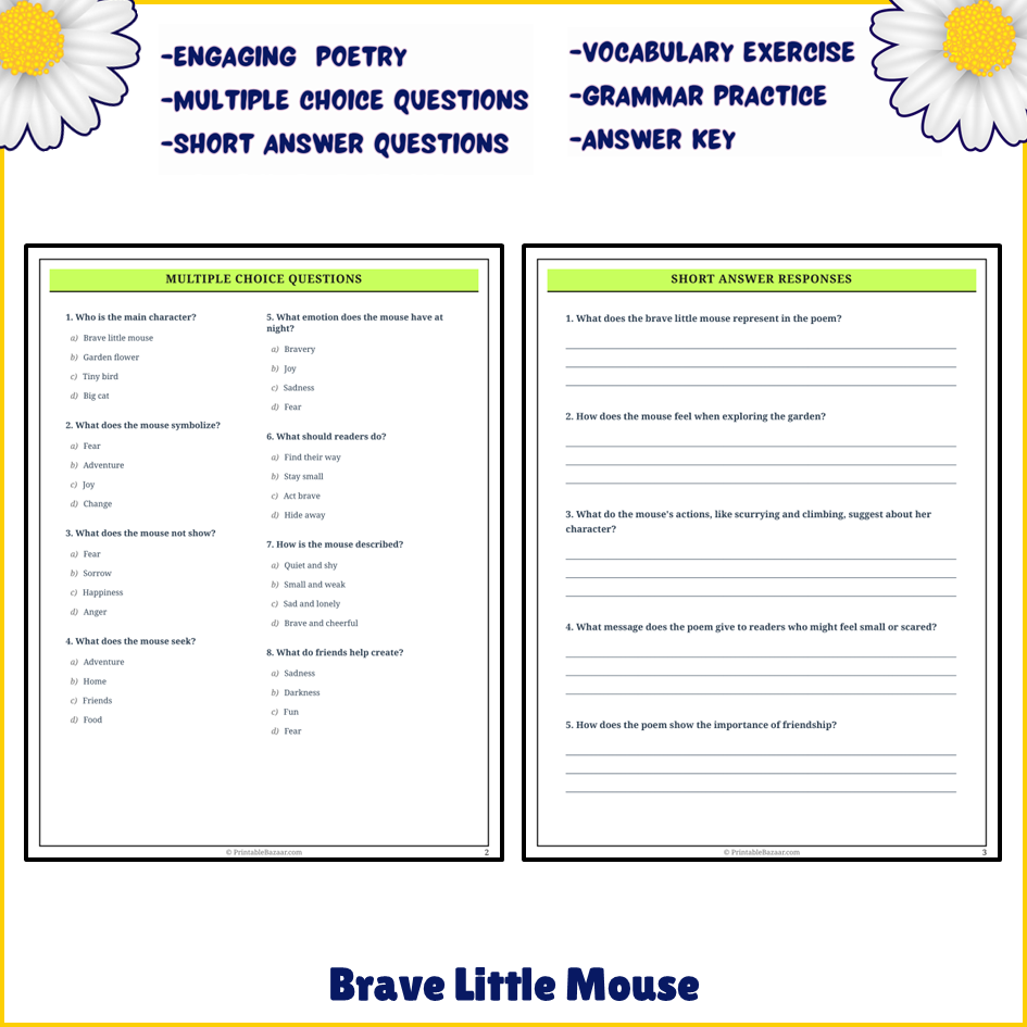 Brave Little Mouse | Poem Grammar Worksheet Printable Activity