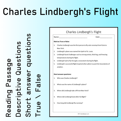 Charles Lindbergh's Flight | Reading Comprehension Passage Printable Worksheet