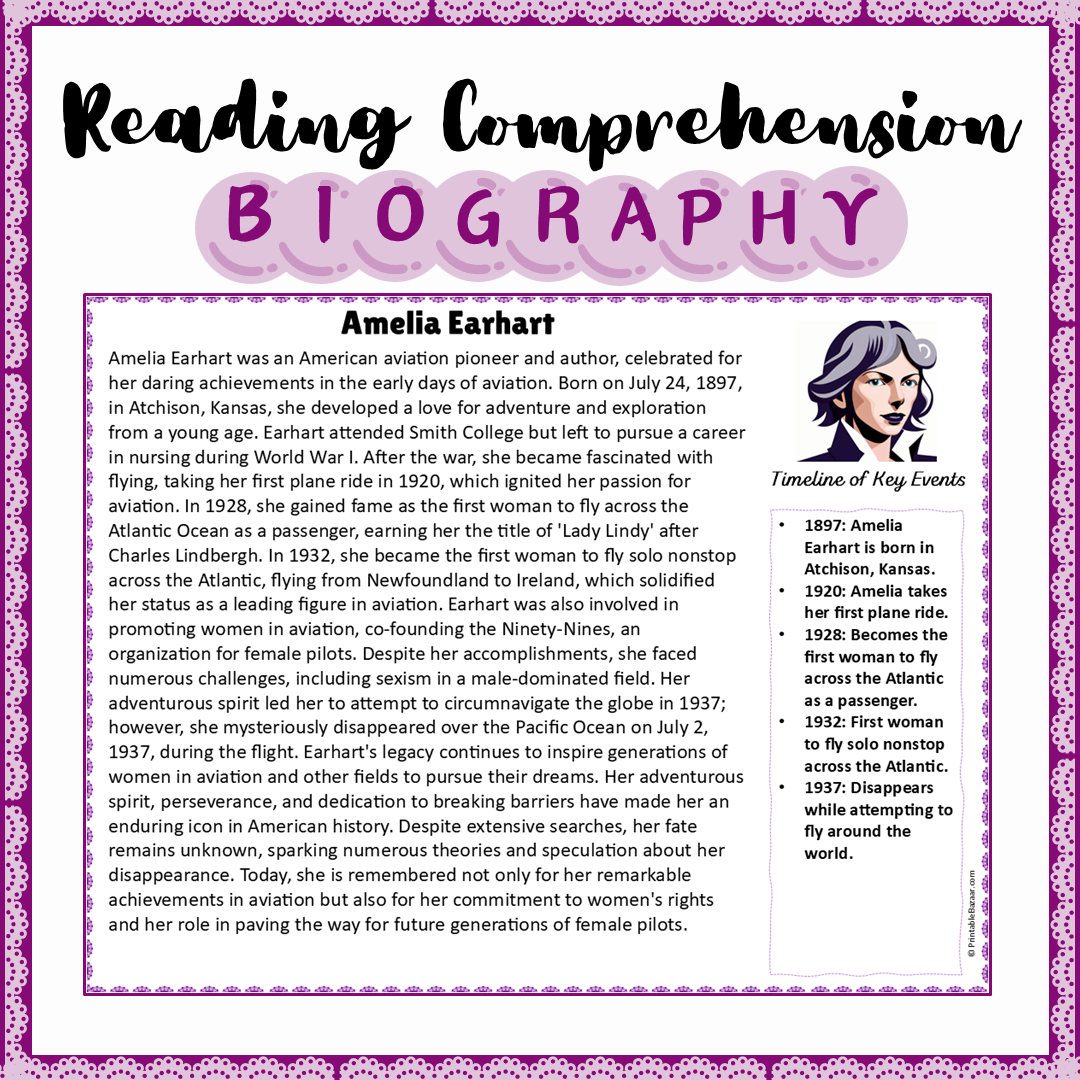 Amelia Earhart | Biography Reading Comprehension and Questions Worksheet