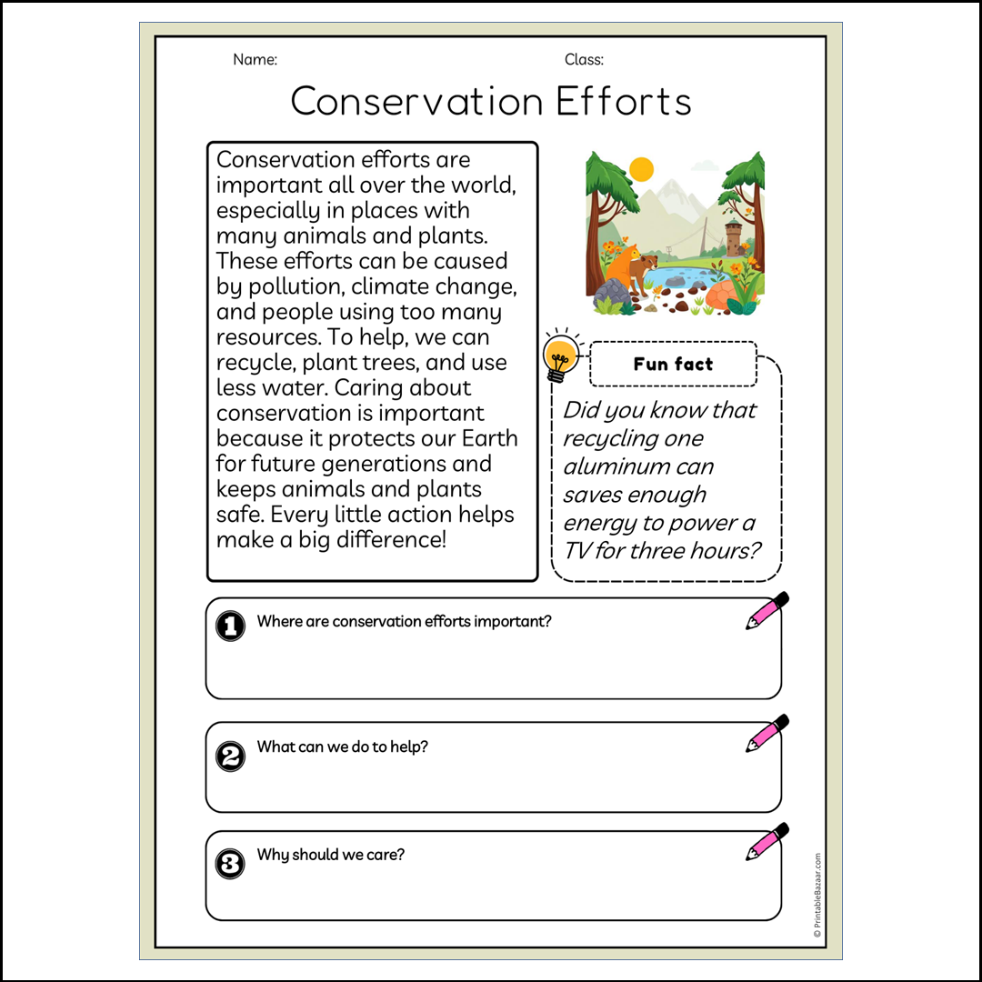 Conservation Efforts | Reading Passage Comprehension Questions Writing Facts Worksheet