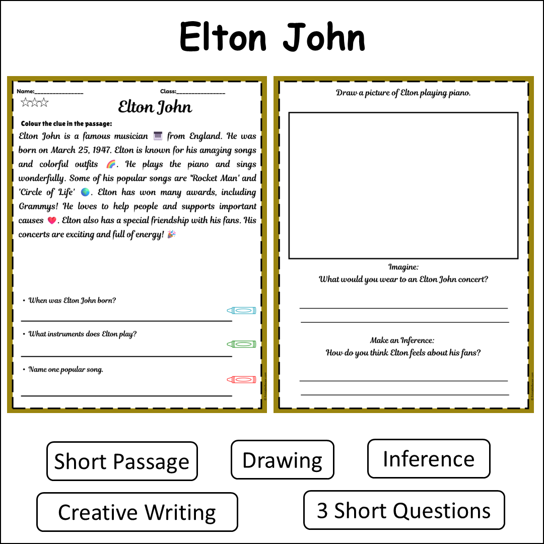 Elton John | Short Reading Comprehension Creative Worksheet
