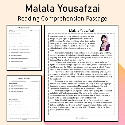 Malala Yousafzai | Reading Comprehension Passage Printable Activity