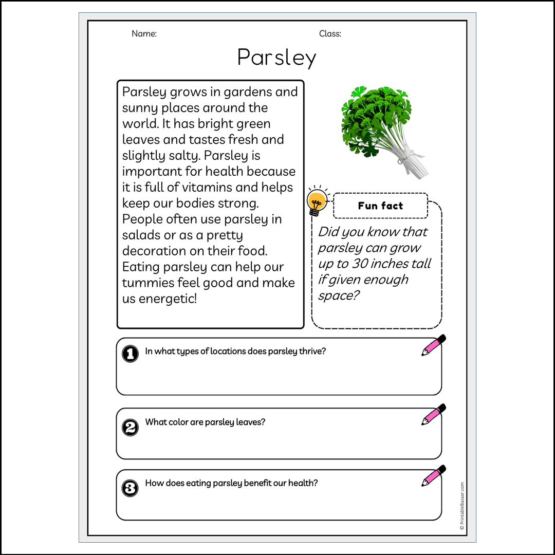 Parsley | Reading Passage Comprehension Questions Writing Facts Worksheet