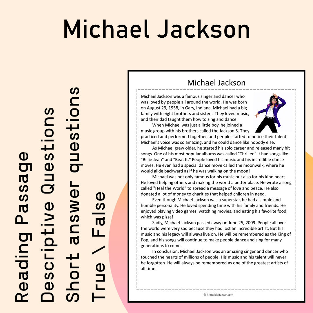 Michael Jackson | Reading Comprehension Passage Printable Activity