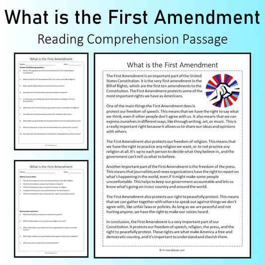What is the First Amendment | Reading Comprehension Passage Printable Worksheet