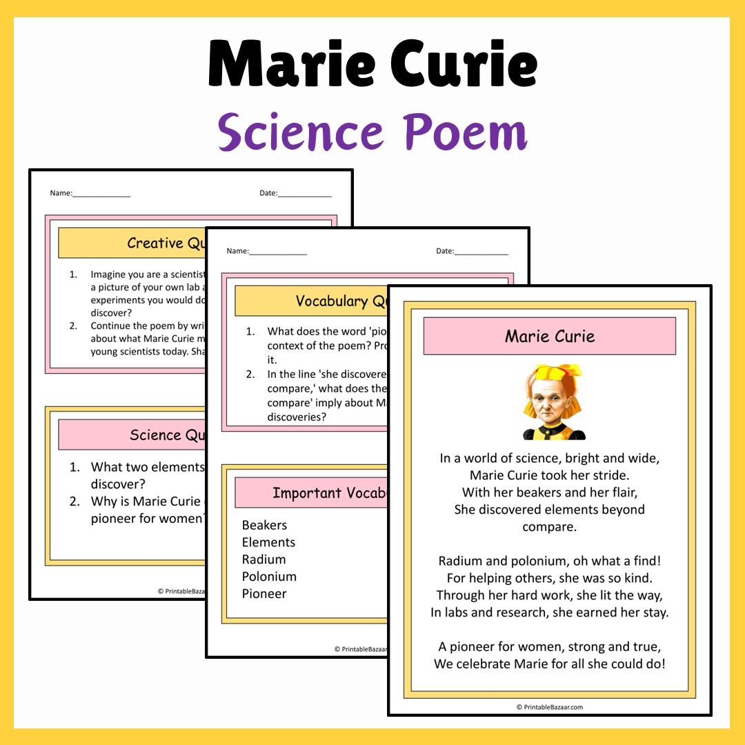 Marie Curie | Science Poem Reading Comprehension Activity