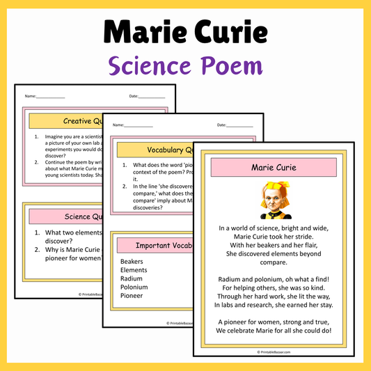 Marie Curie | Science Poem Reading Comprehension Activity