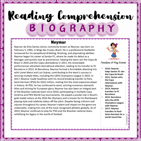 Neymar | Biography Reading Comprehension and Questions Worksheet