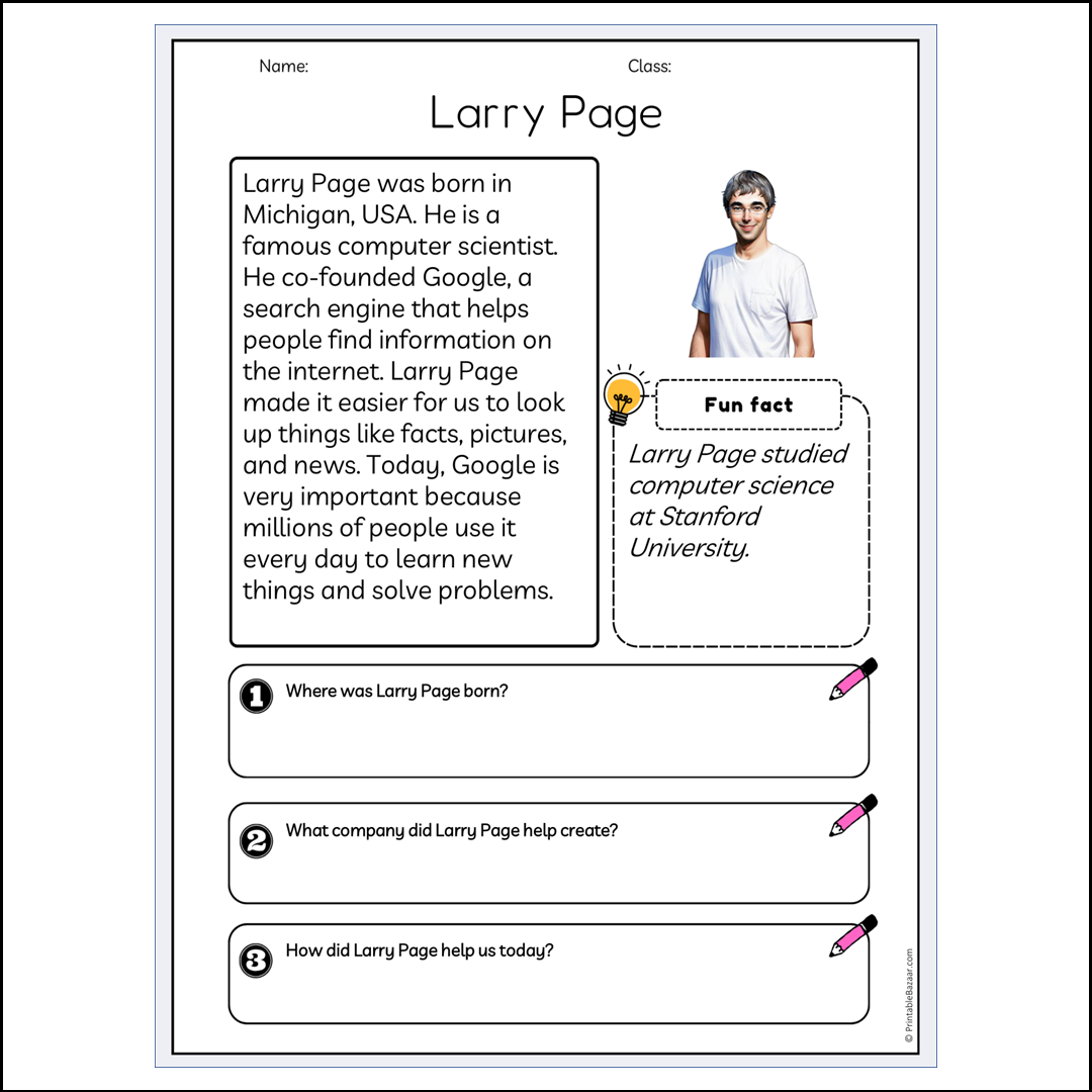 Larry Page | Reading Passage Comprehension Questions Writing Facts Worksheet