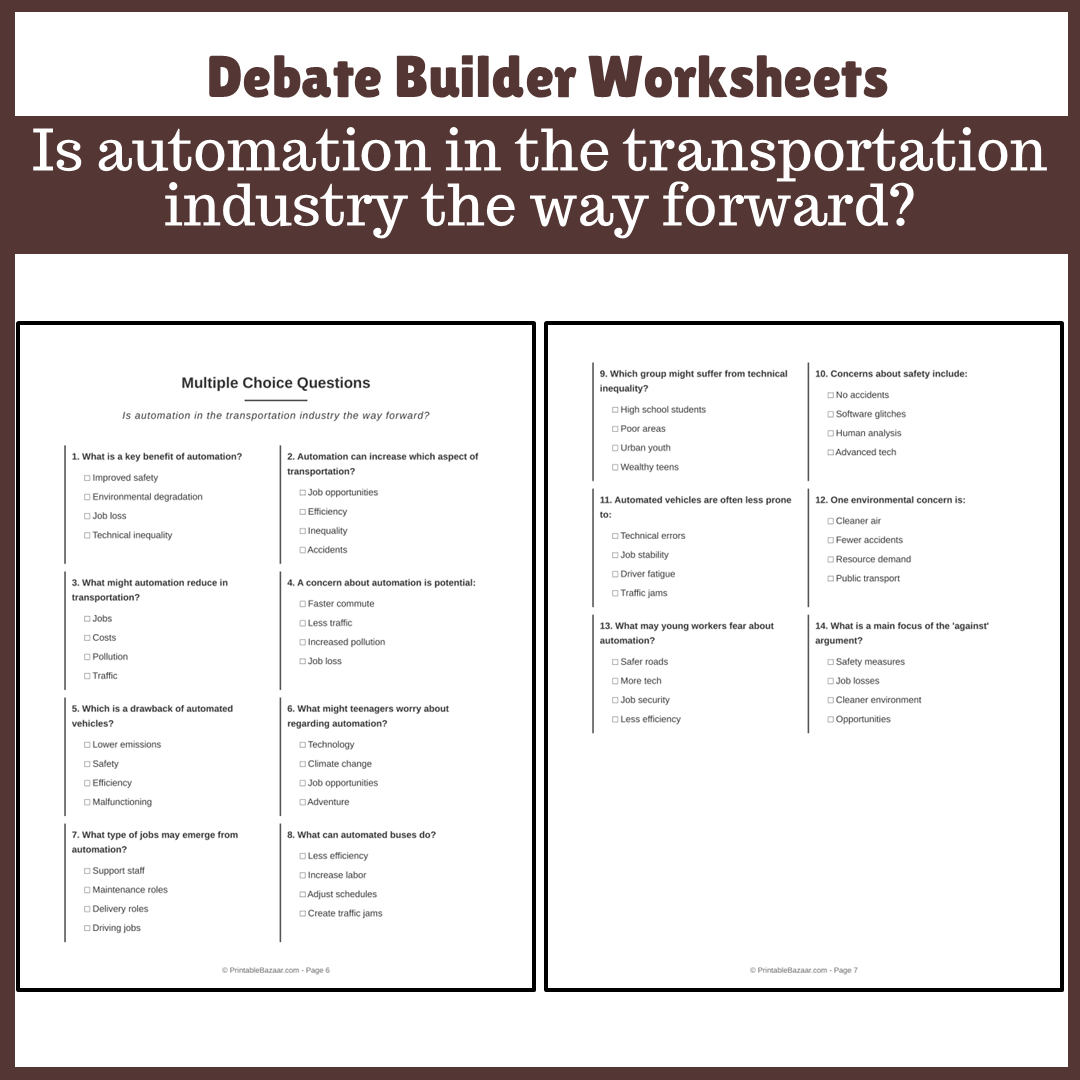 Is automation in the transportation industry the way forward? | Favour and Against Worksheet Printable Activity