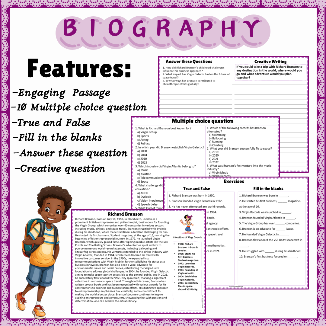 Richard Branson | Biography Reading Comprehension and Questions Worksheet