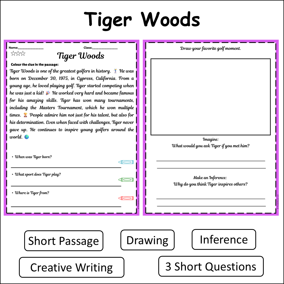 Tiger Woods | Short Reading Comprehension Creative Worksheet