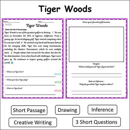 Tiger Woods | Short Reading Comprehension Creative Worksheet