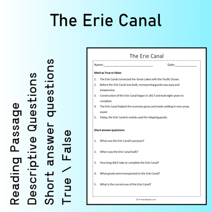 The Erie Canal | Reading Comprehension Passage Printable Worksheet