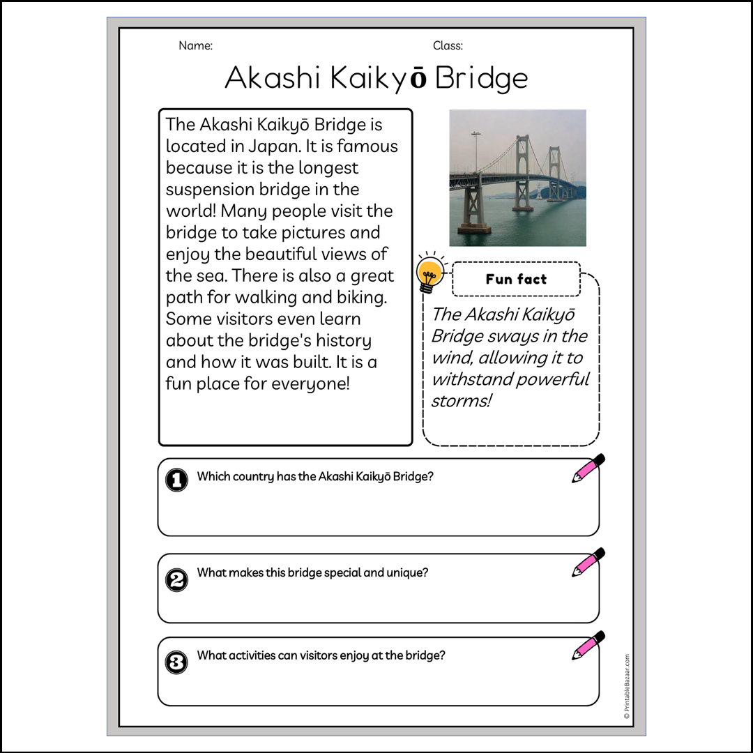 Akashi Kaikyō Bridge | Reading Passage Comprehension Questions Writing Facts Worksheet