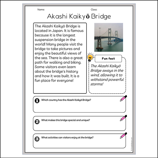 Akashi Kaikyō Bridge | Reading Passage Comprehension Questions Writing Facts Worksheet