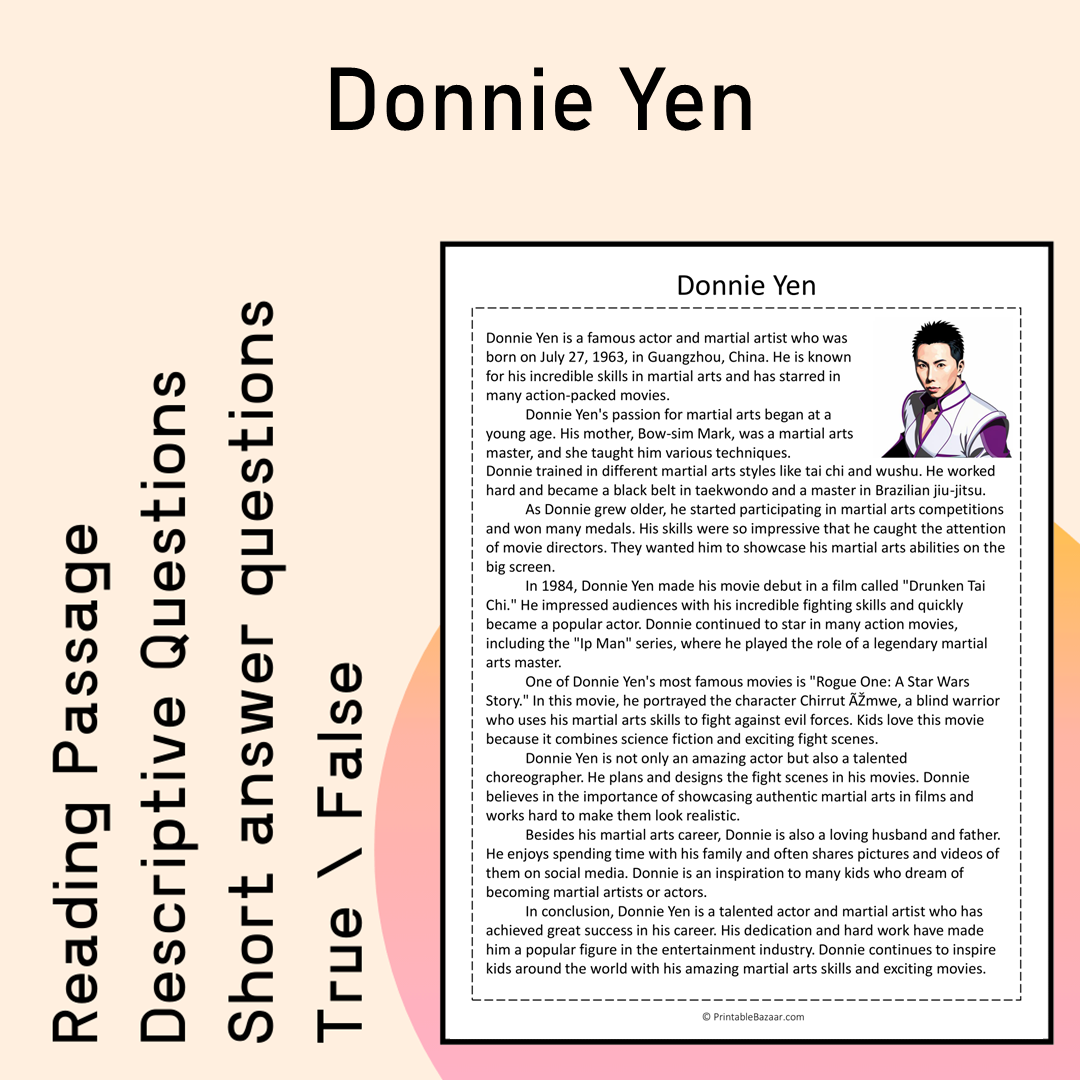 Donnie Yen | Reading Comprehension Passage Printable Activity