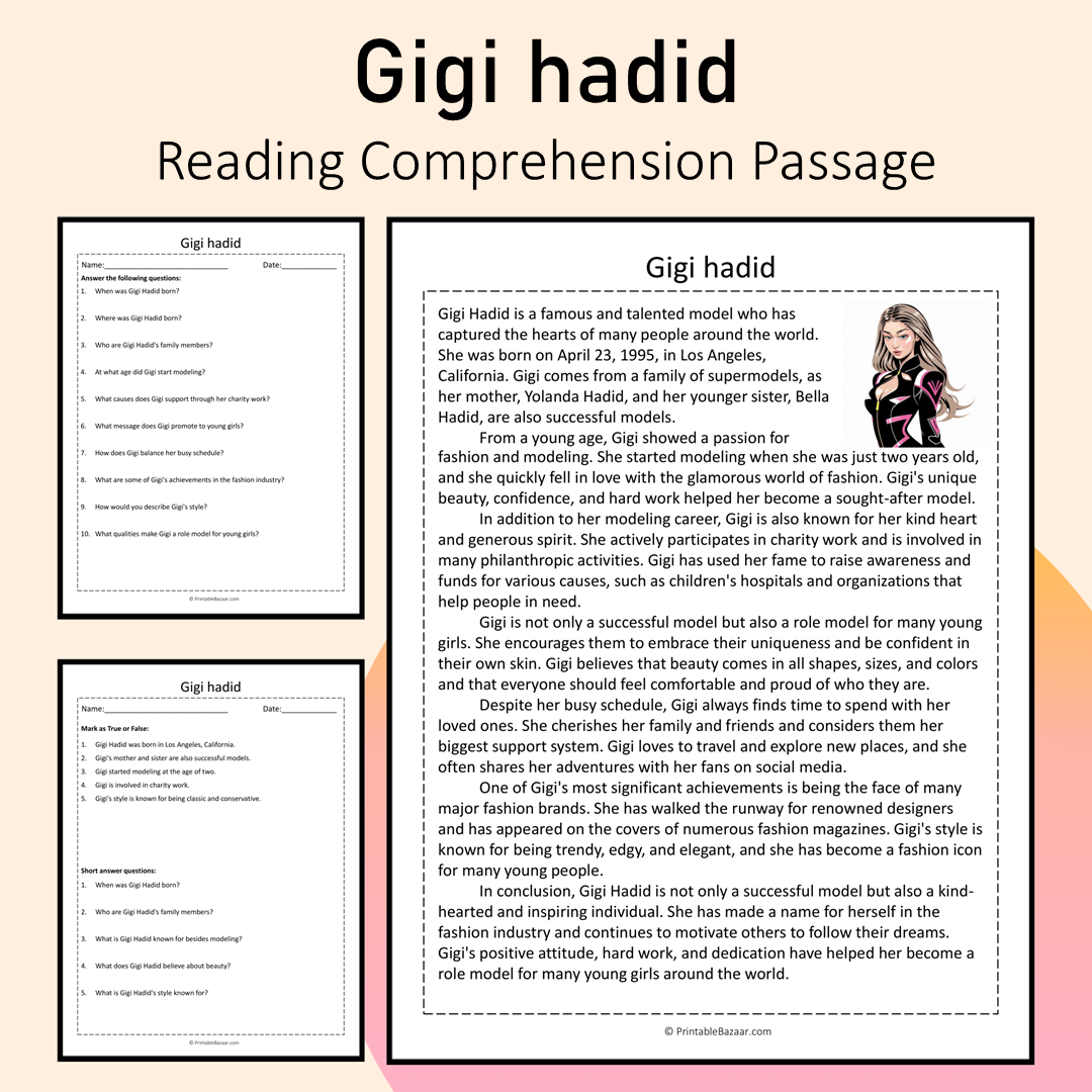 Gigi hadid | Reading Comprehension Passage Printable Activity