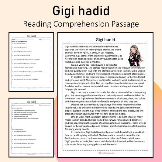 Gigi hadid | Reading Comprehension Passage Printable Activity