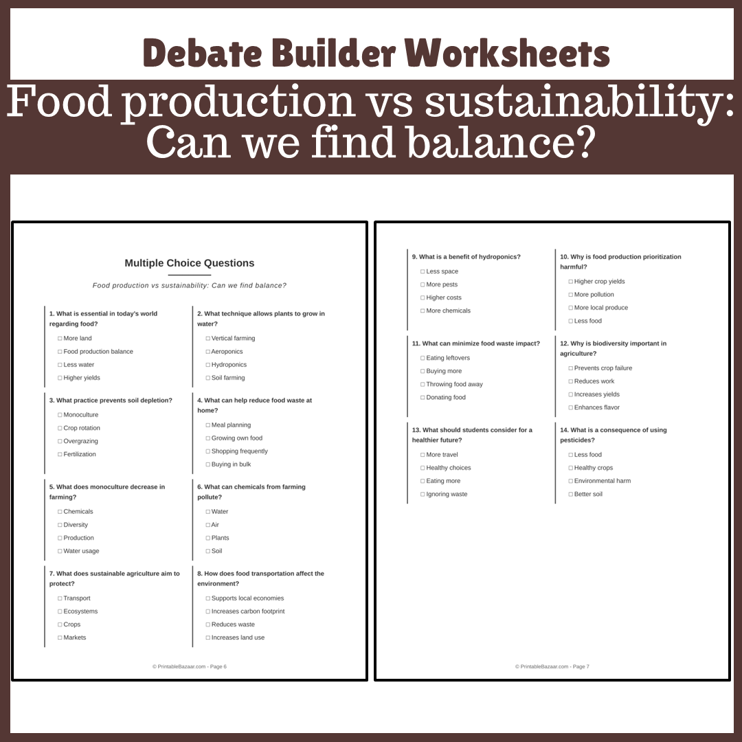 Food production vs sustainability: Can we find balance? | Favour and Against Worksheet Printable Activity
