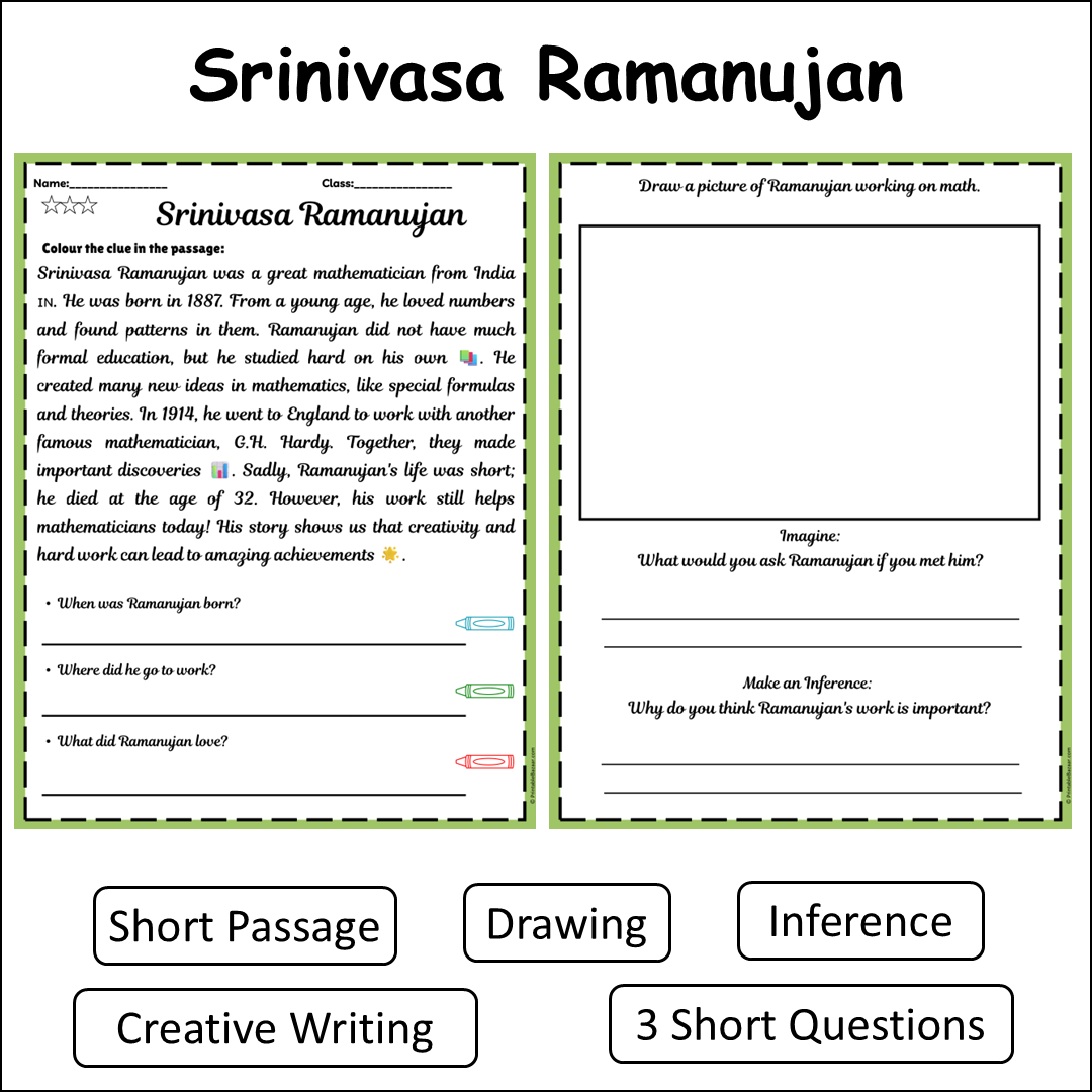 Srinivasa Ramanujan | Short Reading Comprehension Creative Worksheet