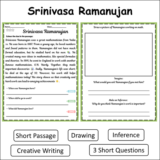 Srinivasa Ramanujan | Short Reading Comprehension Creative Worksheet