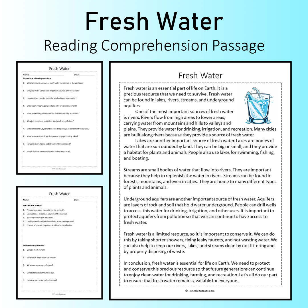 Fresh Water | Reading Comprehension Passage Printable Worksheet
