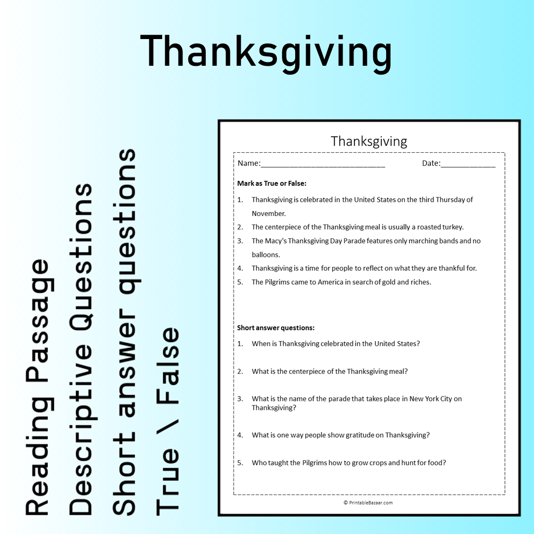 Thanksgiving | Reading Comprehension Passage Printable Worksheet