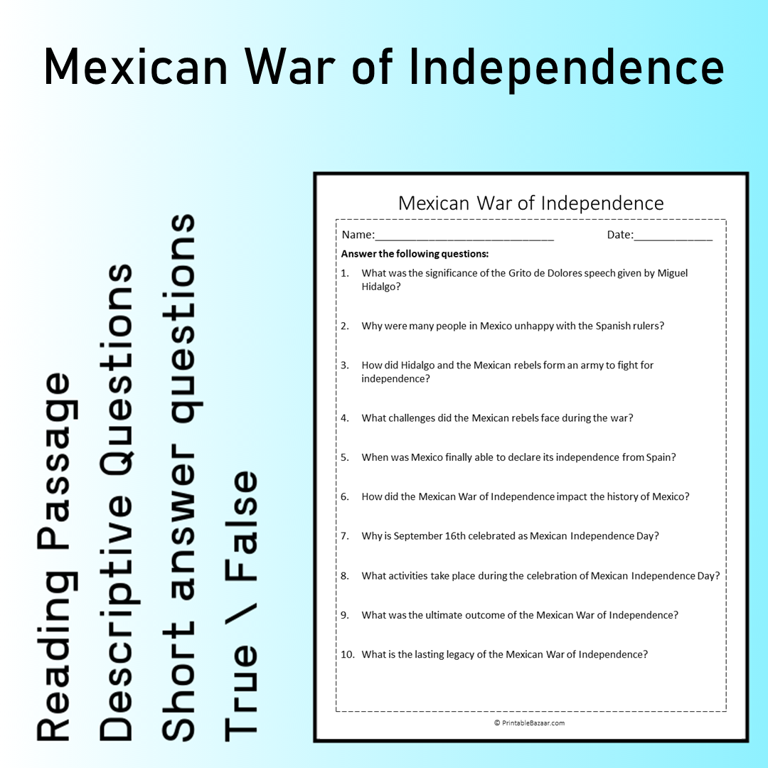 Mexican War of Independence | Reading Comprehension Passage Printable Worksheet
