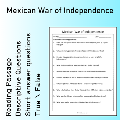Mexican War of Independence | Reading Comprehension Passage Printable Worksheet