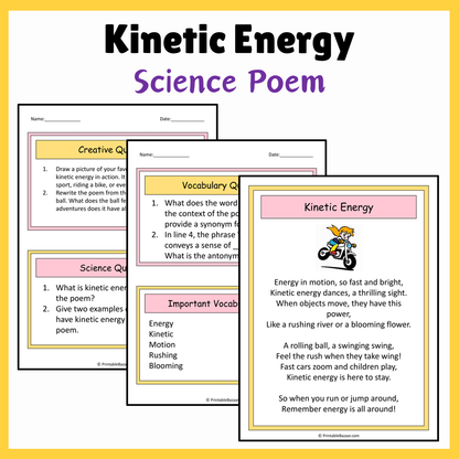 Kinetic Energy | Science Poem Reading Comprehension Activity