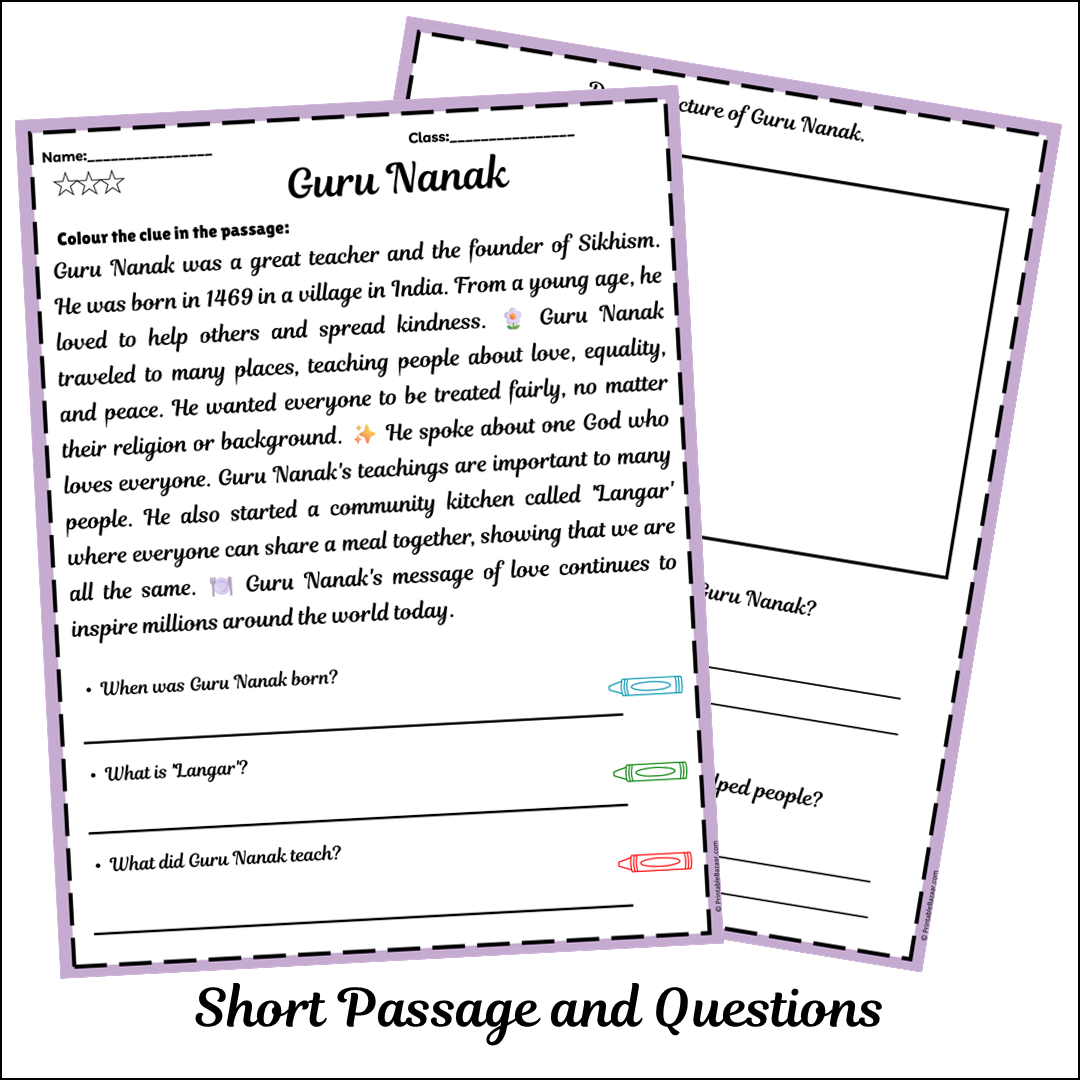 Guru Nanak | Short Reading Comprehension Creative Worksheet