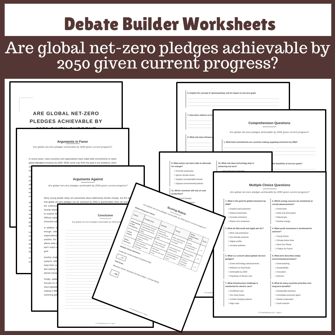 Are global net-zero pledges achievable by 2050 given current progress? | Favour and Against Worksheet Printable Activity