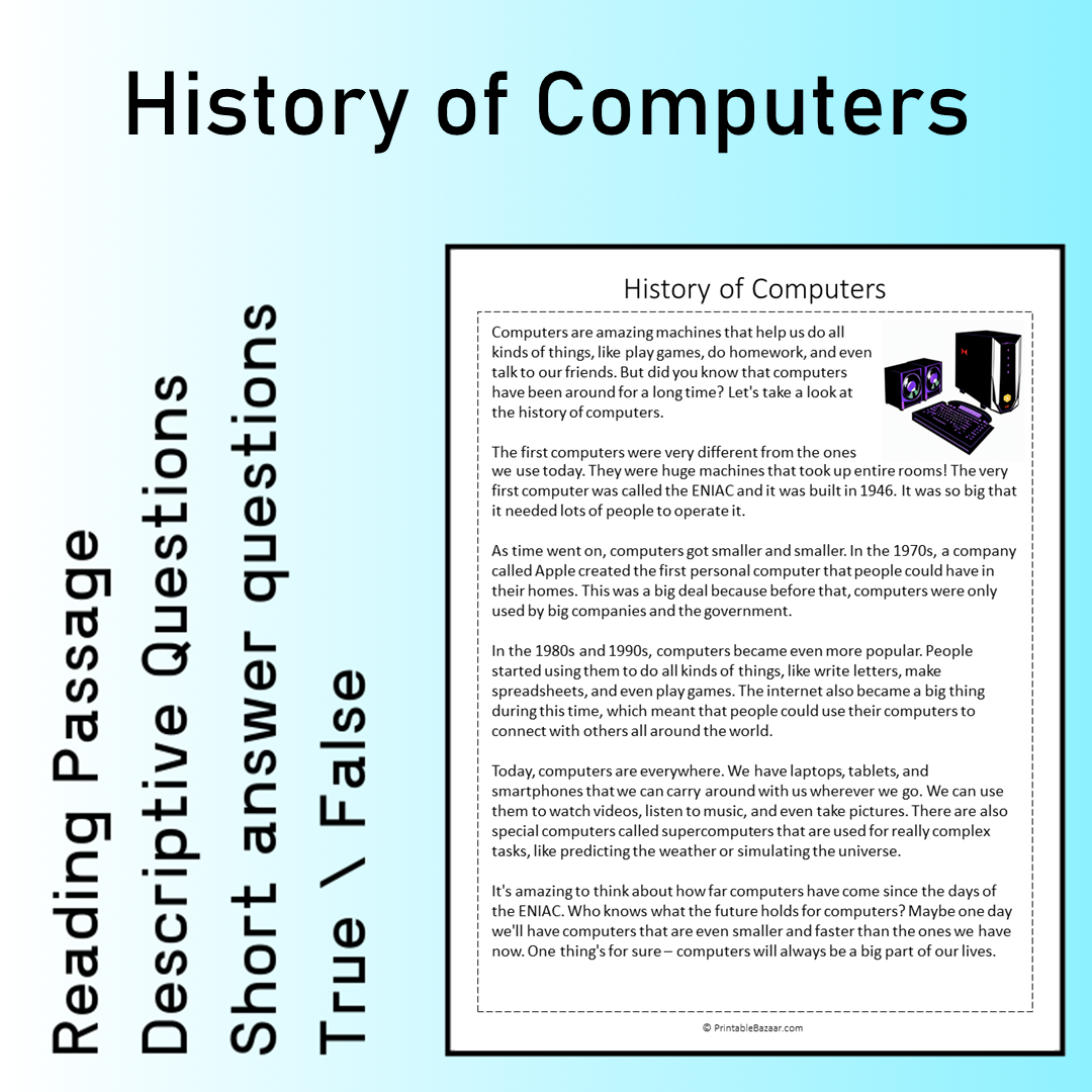 History of Computers | Reading Comprehension Passage Printable Worksheet