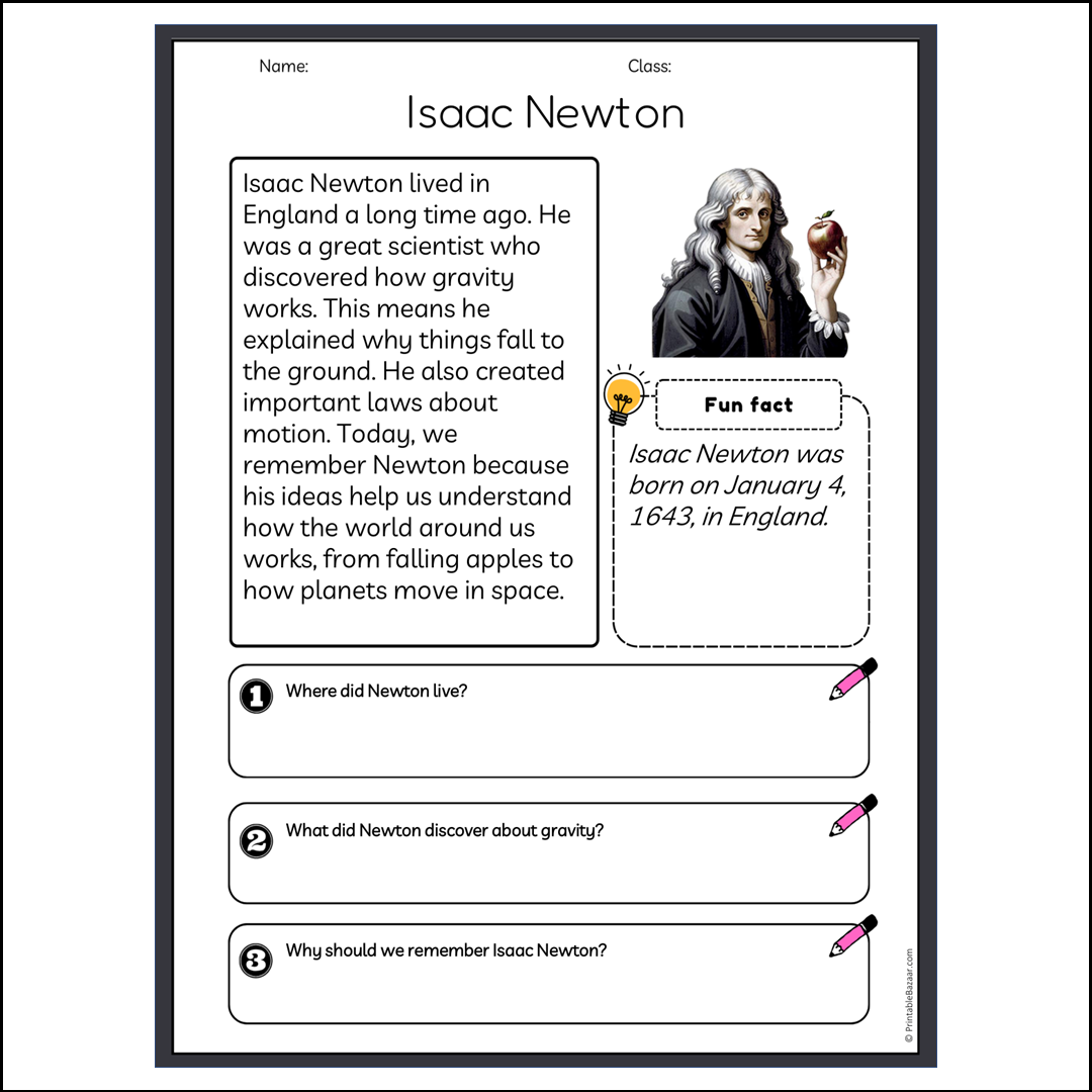 Isaac Newton | Reading Passage Comprehension Questions Writing Facts Worksheet