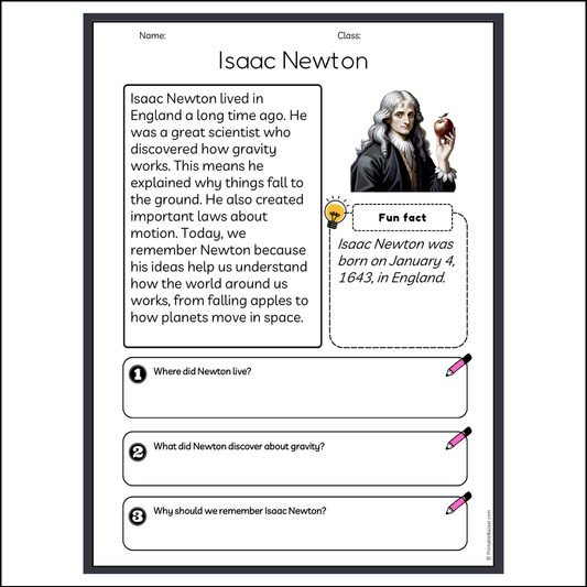 Isaac Newton | Reading Passage Comprehension Questions Writing Facts Worksheet