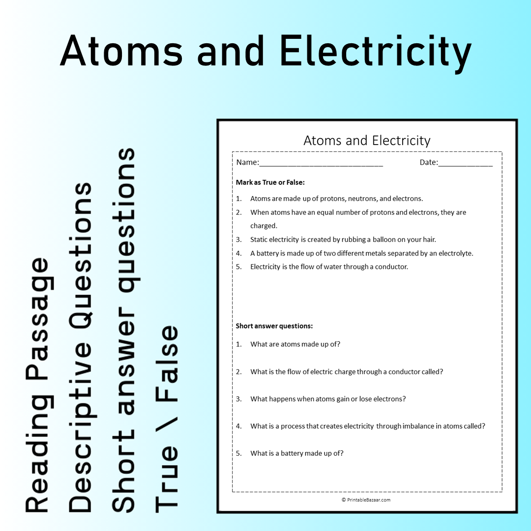 Atoms and Electricity | Reading Comprehension Passage Printable Worksheet