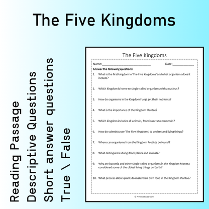 The Five Kingdoms | Reading Comprehension Passage Printable Worksheet