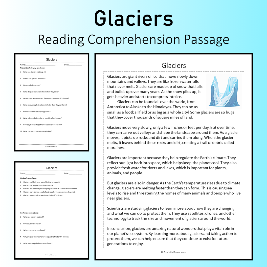 Glaciers | Reading Comprehension Passage Printable Worksheet