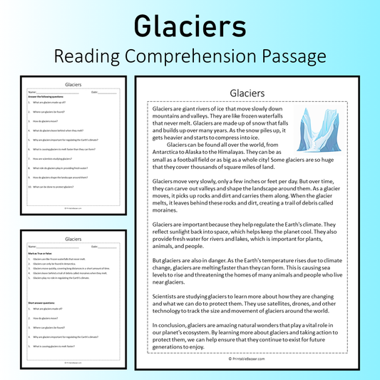 Glaciers | Reading Comprehension Passage Printable Worksheet